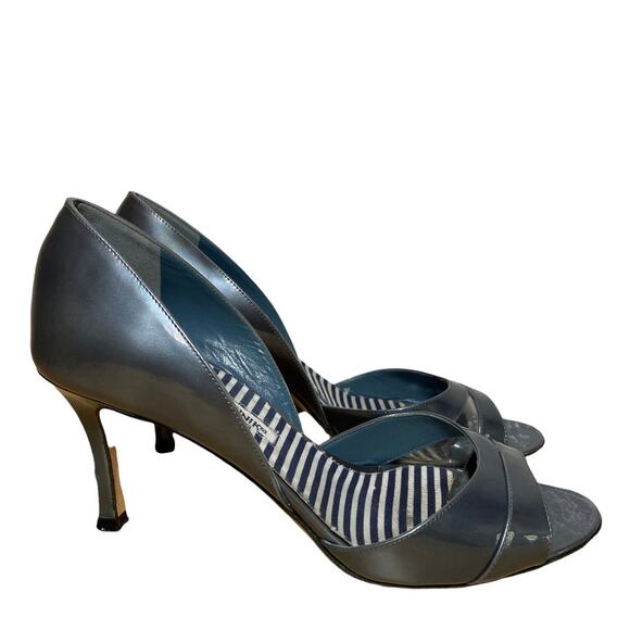Manolo Blahnik Heels Open Toe Pump Patent Leather Double Strap Chrome Gray 7.5 - Picture 1 of 5